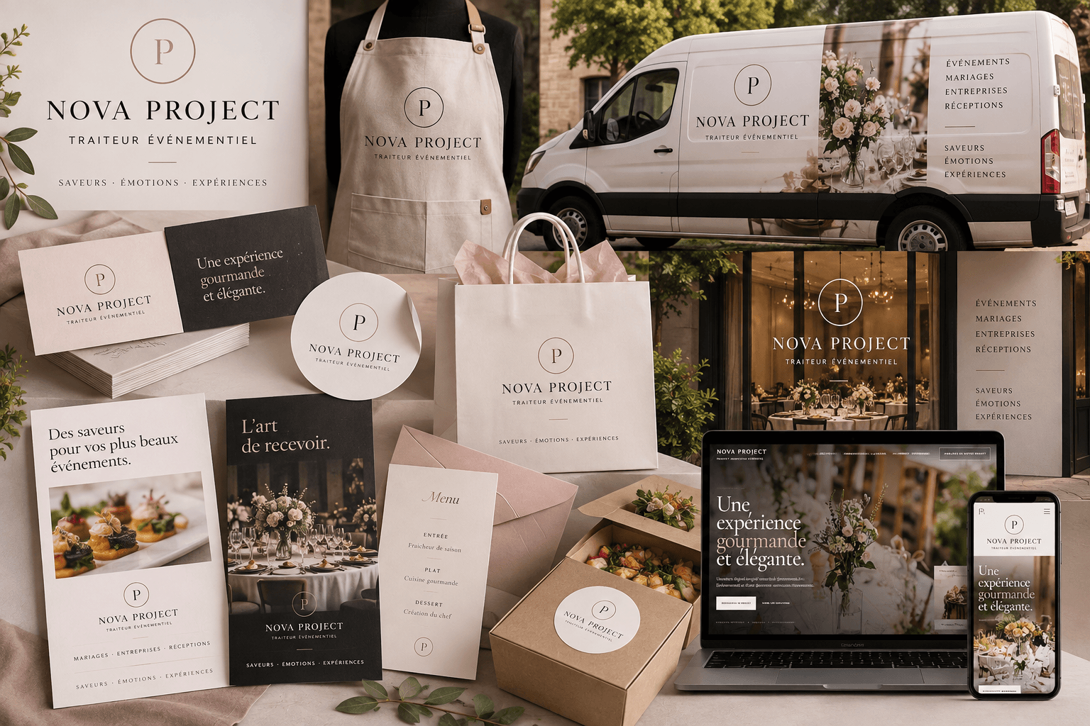Identité visuelle Traiteur — logo, flyer, tablier, marquage de camion, packaging et supports de communication